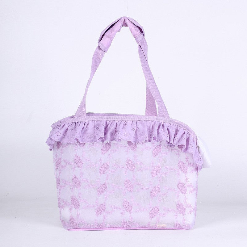 Borsa portagatti portatile in pizzo, viola, blu, bianco sporco, per tutte le stagioni