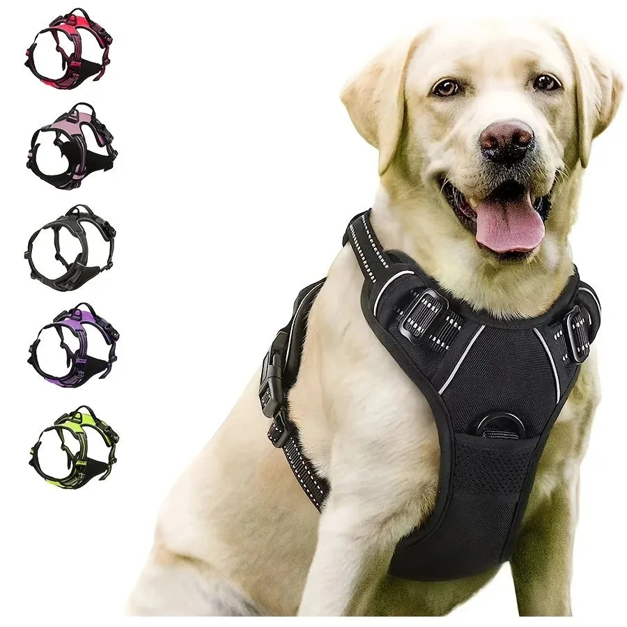 Imbracatura a pettorina riflettente regolabile anti-trazione per cani con cinghie a fibbia, disponibile in vari colori