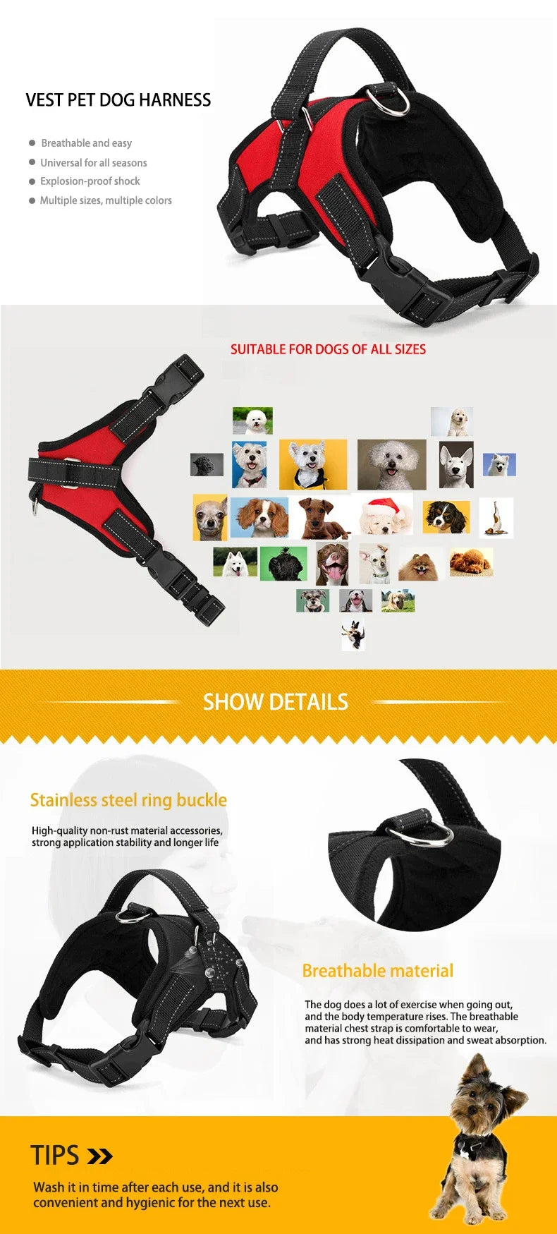 Adjustable Reflective Vest Dog Harness with Quick-Release Buckle