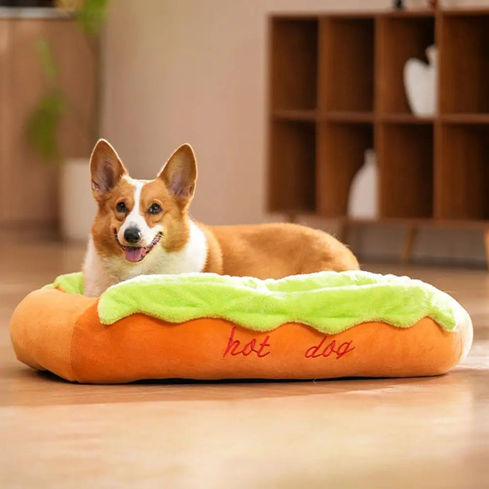 Cuccia per animali a forma di hot dog, morbido lettino in peluche per cani e gatti