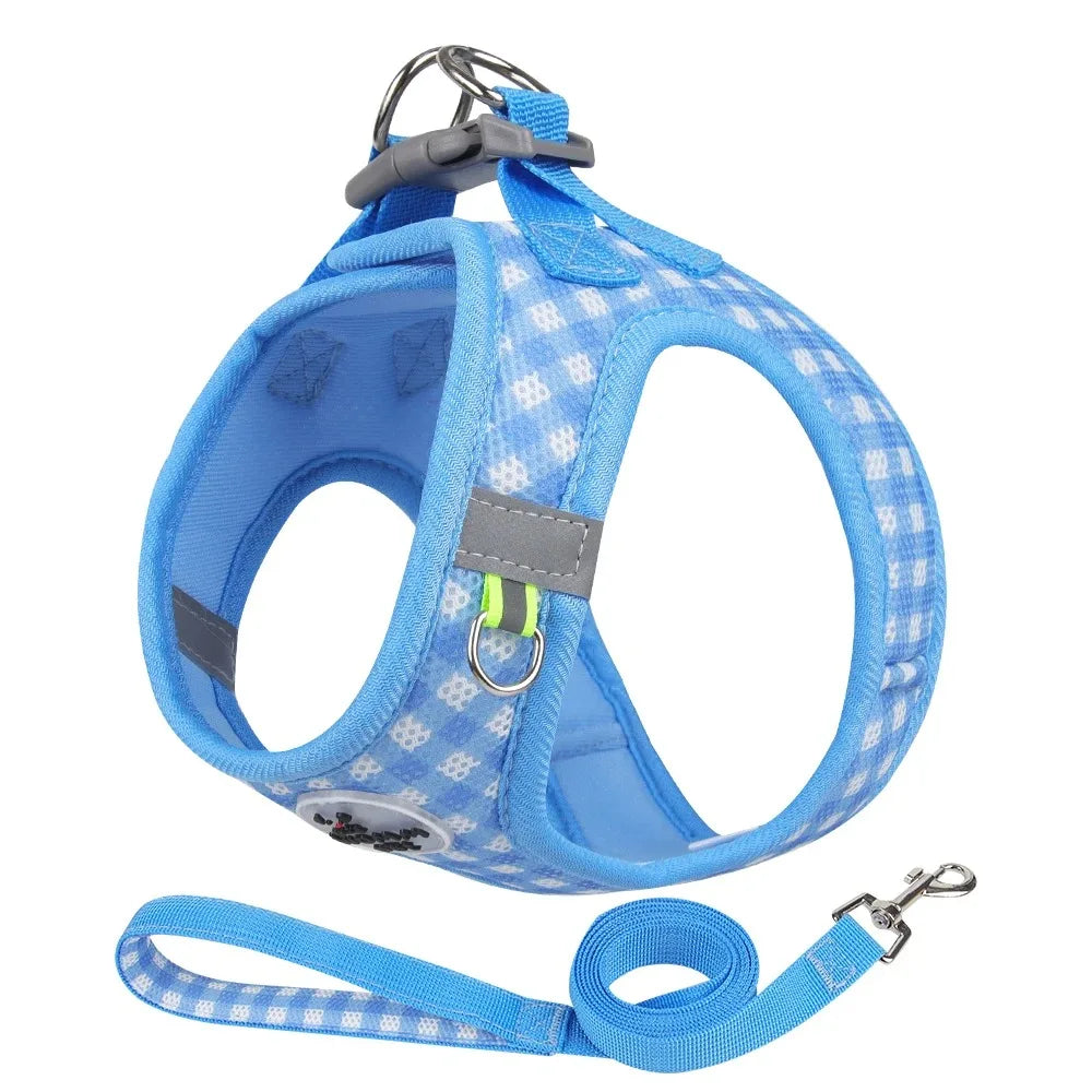 Imbracatura a pettorina in mesh a quadri per cani di piccola taglia con striscia riflettente Rosa Verde Giallo Blu Marrone