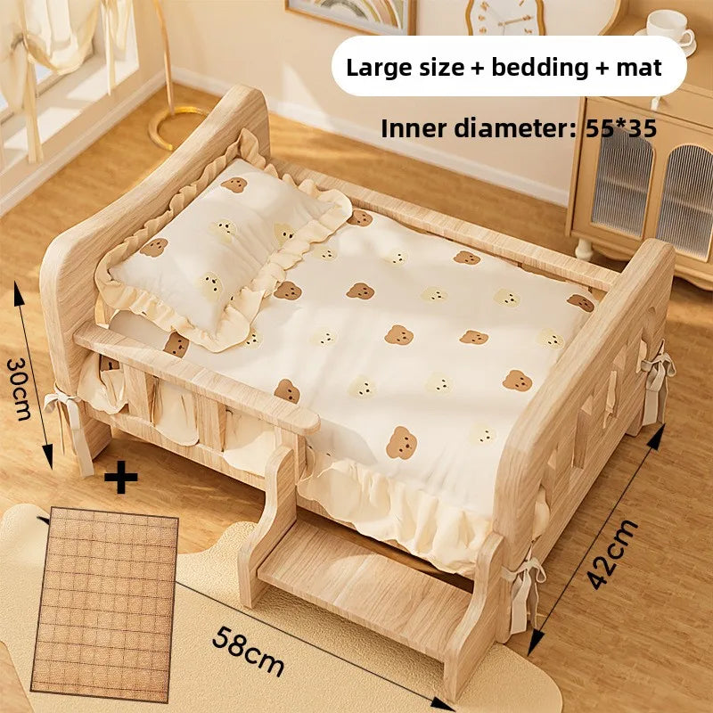 Letto rialzato per animali in legno massello con materassino, beige naturale
