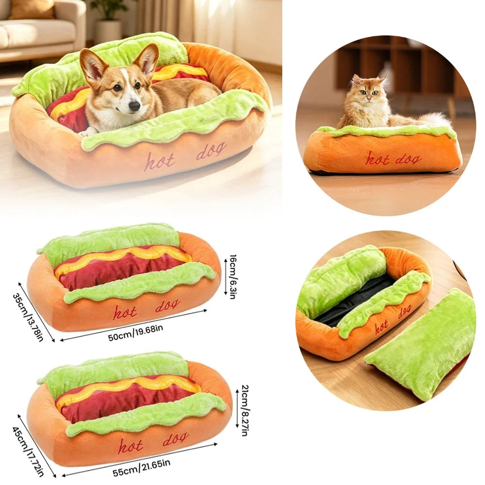 Cuccia per animali a forma di hot dog, morbido lettino in peluche per cani e gatti