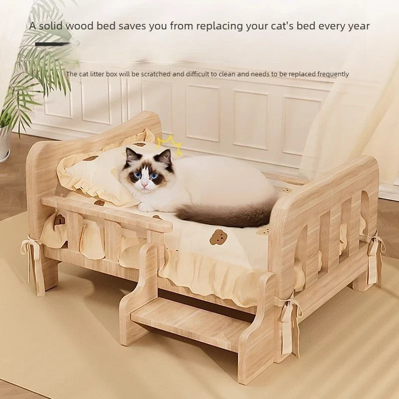 Letto rialzato per animali in legno massello con materassino, beige naturale