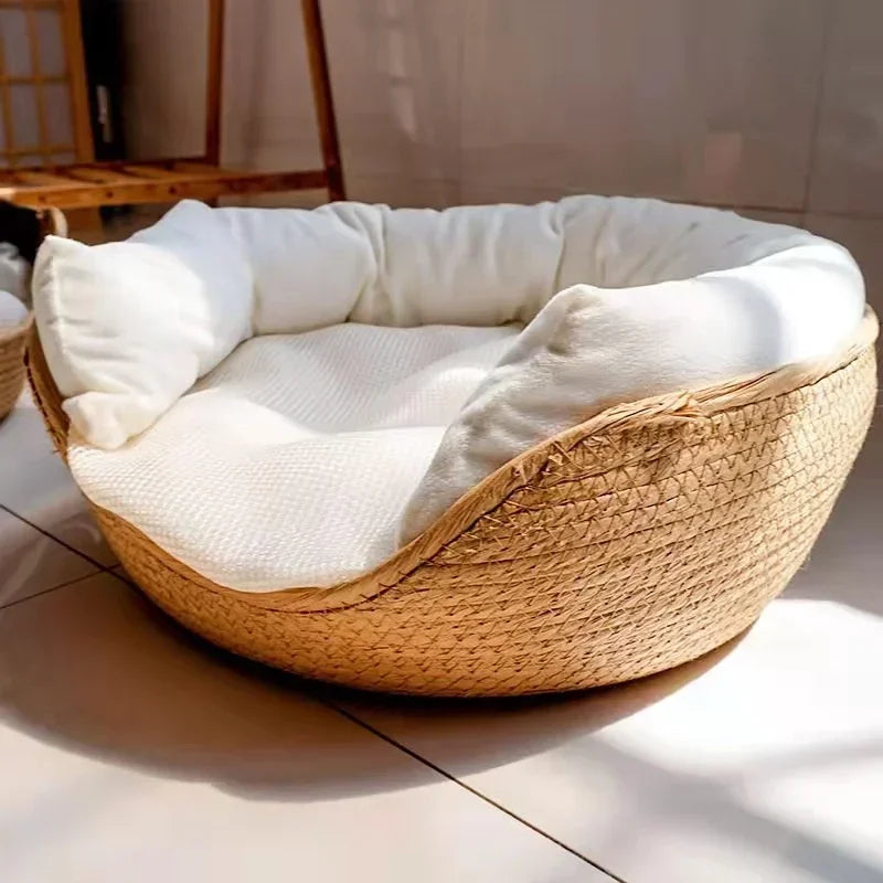 Divano Rotondo Traspirante in Tessuto di Bambù per Animali con Cuscino Rimovibile, Impermeabile e Accogliente, Letto a Nido per il Riposo