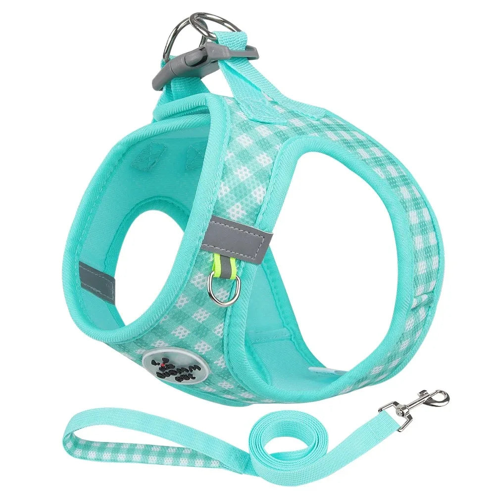Imbracatura a pettorina in mesh a quadri per cani di piccola taglia con striscia riflettente Rosa Verde Giallo Blu Marrone