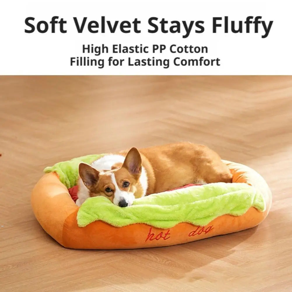 Cuccia per animali a forma di hot dog, morbido lettino in peluche per cani e gatti