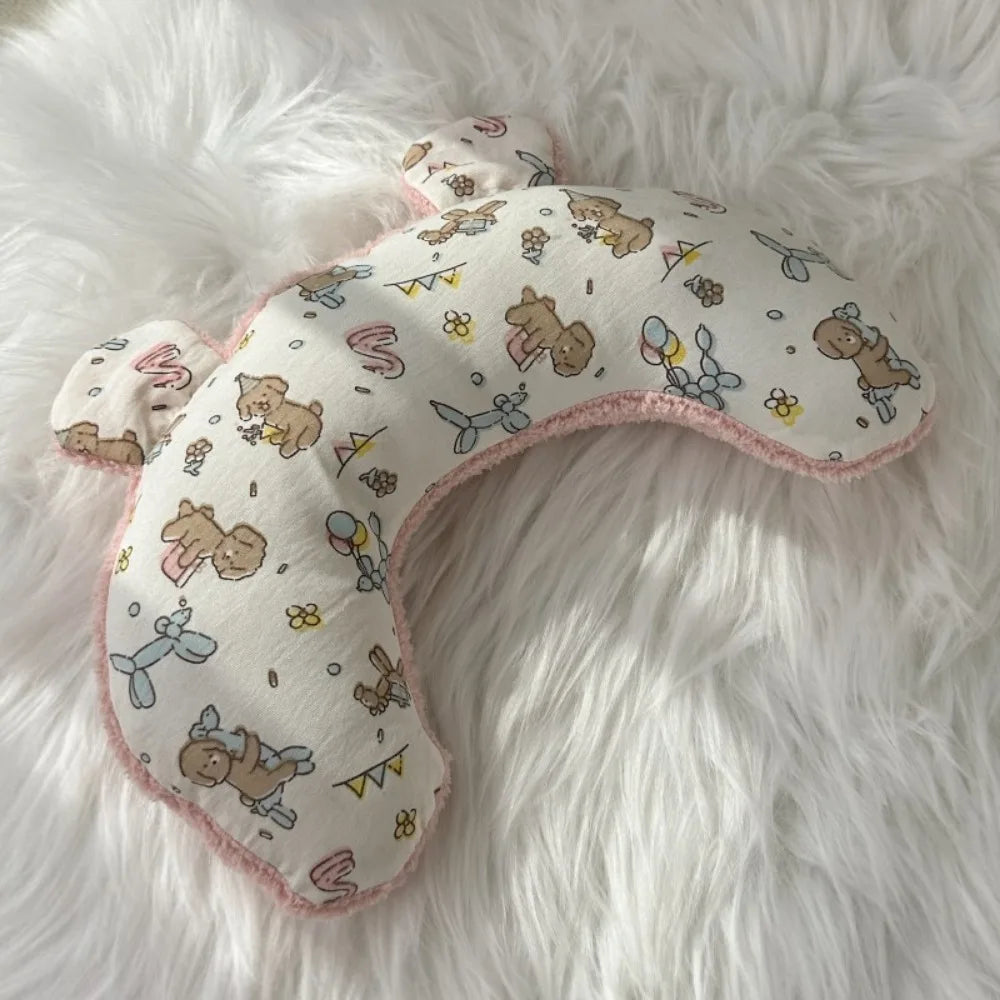 Cuscino a forma di U per animali con stampa di animali carini, morbido cuscino riposo in pile corallo per cani e gatti