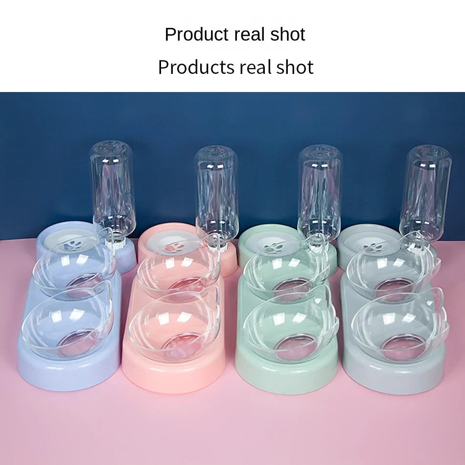 Verhoogde dubbele kattenbakjes met automatische waterdispenser roze blauw grijs