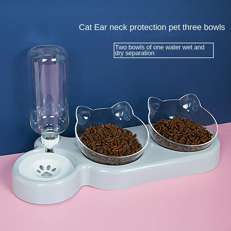 Verhoogde dubbele kattenbakjes met automatische waterdispenser roze blauw grijs