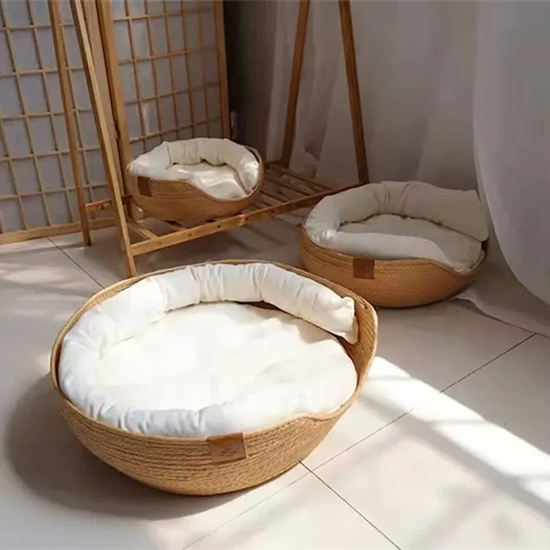 Sofá-Cama Redondo para Animais de Estimação em Trama de Bambu Respirável Almofada Removível Impermeável Aconchegante Ninho de Descanso
