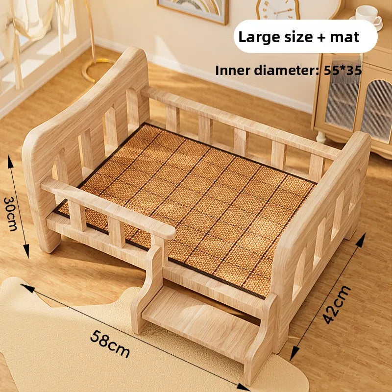 Letto rialzato per animali in legno massello con materassino, beige naturale