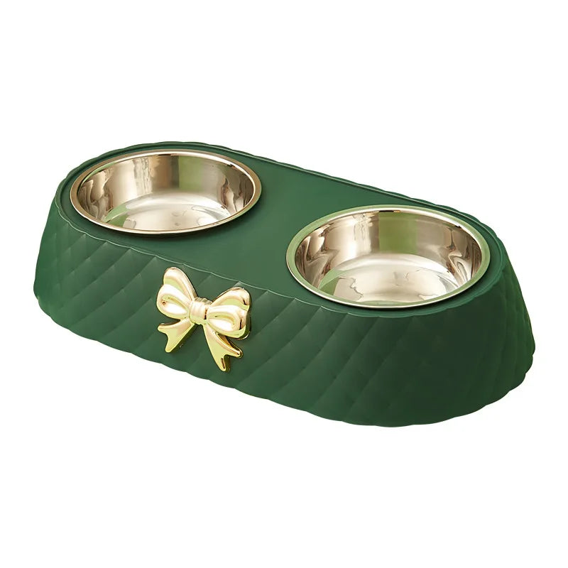 Ciotola doppia antiscivolo in acciaio inox per animali con papillon bianco, verde e marrone
