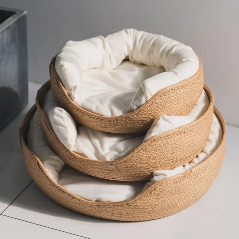 Sofá-Cama Redondo para Animais de Estimação em Trama de Bambu Respirável Almofada Removível Impermeável Aconchegante Ninho de Descanso