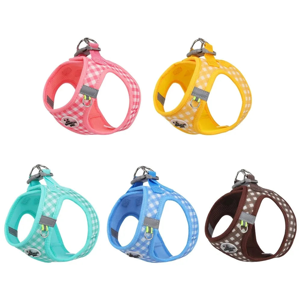 Imbracatura a pettorina in mesh a quadri per cani di piccola taglia con striscia riflettente Rosa Verde Giallo Blu Marrone