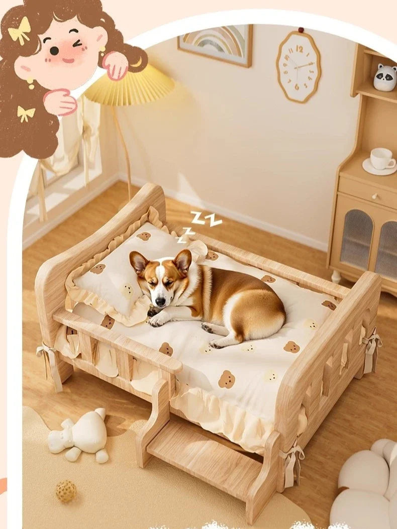 Letto rialzato per animali in legno massello con materassino, beige naturale