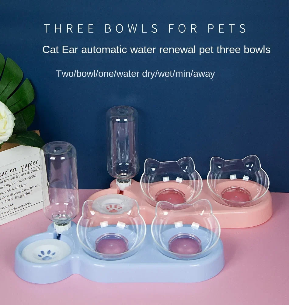 Verhoogde dubbele kattenbakjes met automatische waterdispenser roze blauw grijs
