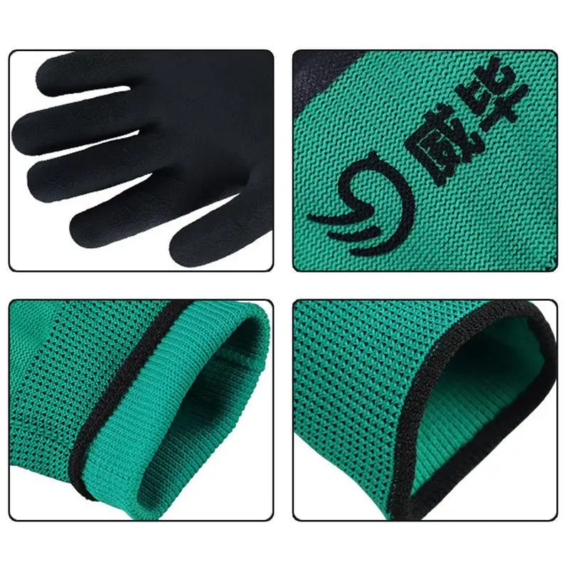 Grüne, schwarz latexbeschichtete, kratzfeste Strickhandschuhe für den Umgang mit Haustieren