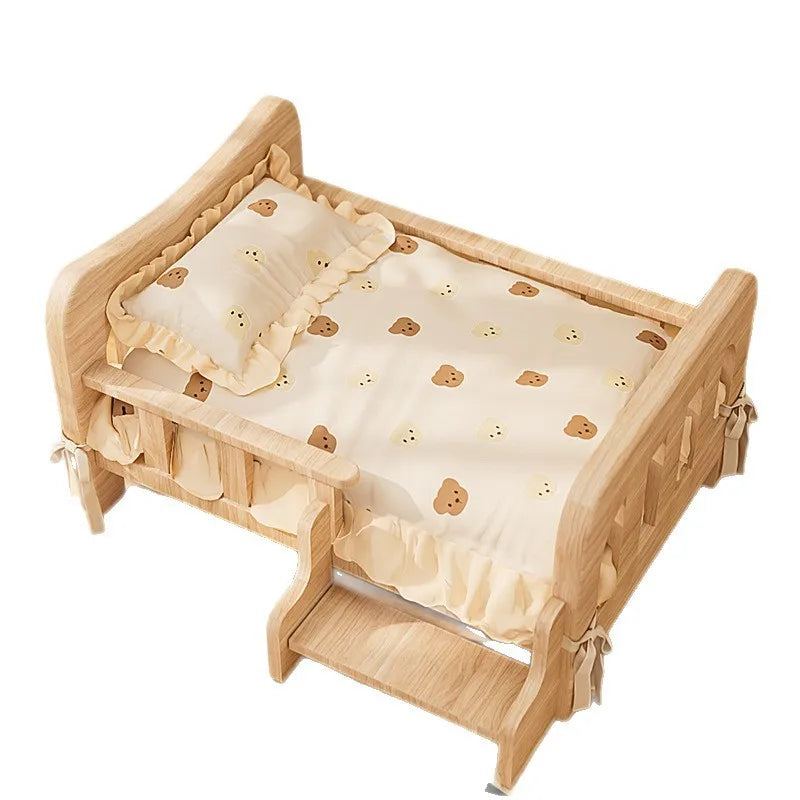 Letto rialzato per animali in legno massello con materassino, beige naturale