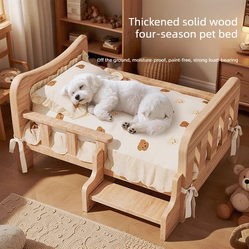 Letto rialzato per animali in legno massello con materassino, beige naturale