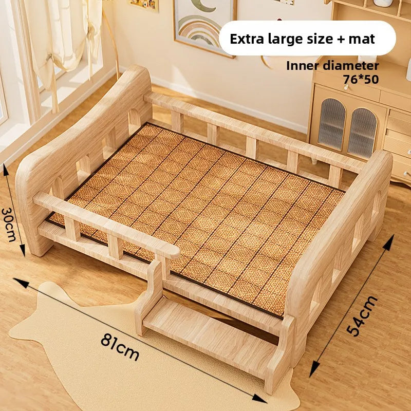 Letto rialzato per animali in legno massello con materassino, beige naturale