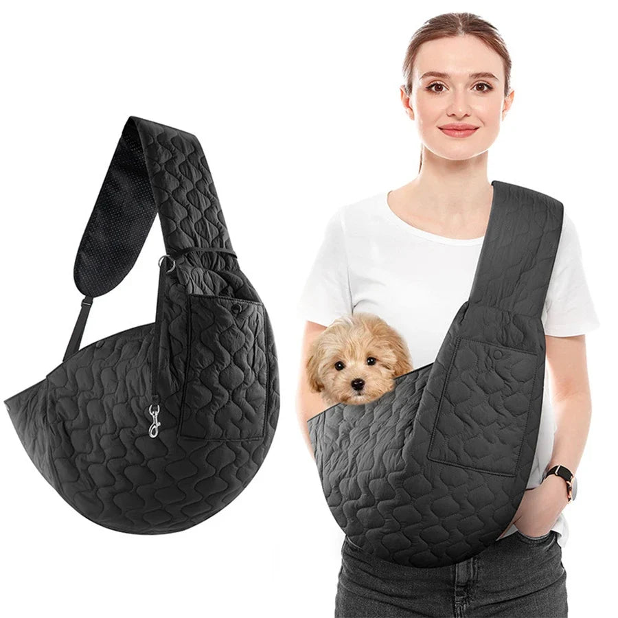 Borsa a Tracolla Trasportino a Sospensione in Cotone Trapuntato per Animali Domestici con Tasca con Cerniera, Nero e Bianco Riso