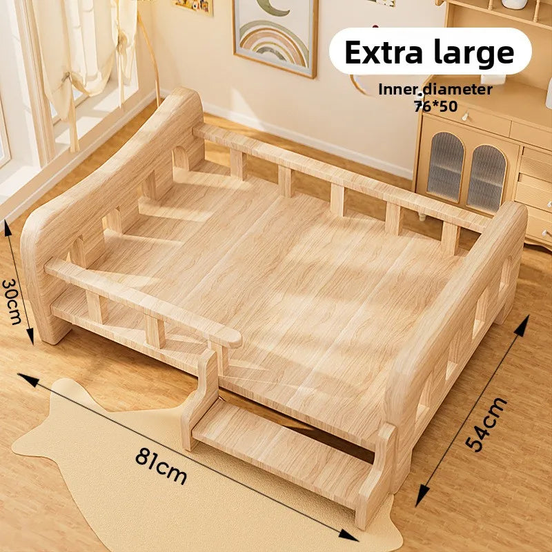 Letto rialzato per animali in legno massello con materassino, beige naturale