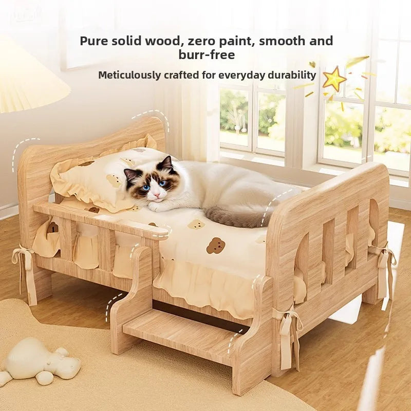 Letto rialzato per animali in legno massello con materassino, beige naturale