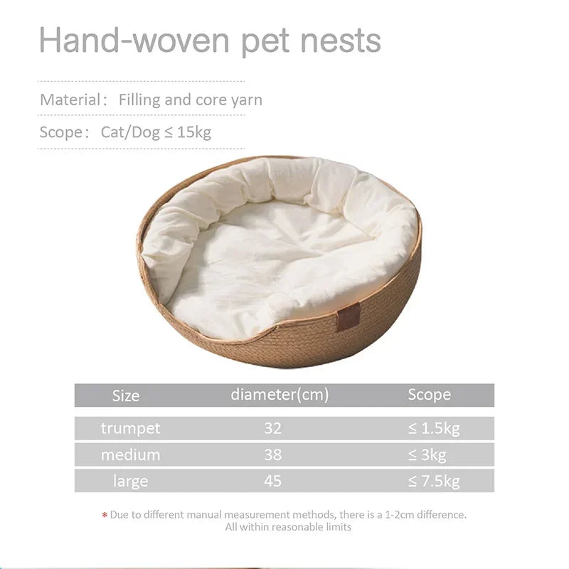 Sofá-Cama Redondo para Animais de Estimação em Trama de Bambu Respirável Almofada Removível Impermeável Aconchegante Ninho de Descanso