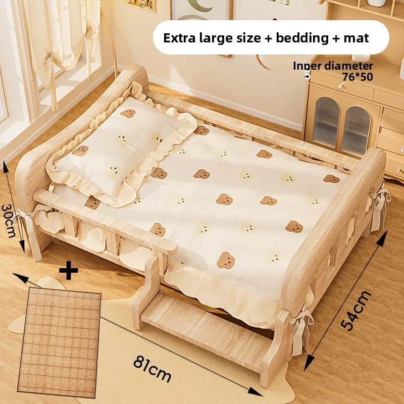 Letto rialzato per animali in legno massello con materassino, beige naturale