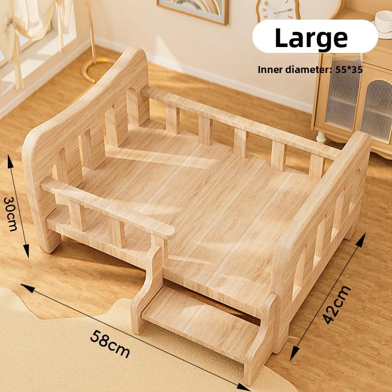 Letto rialzato per animali in legno massello con materassino, beige naturale