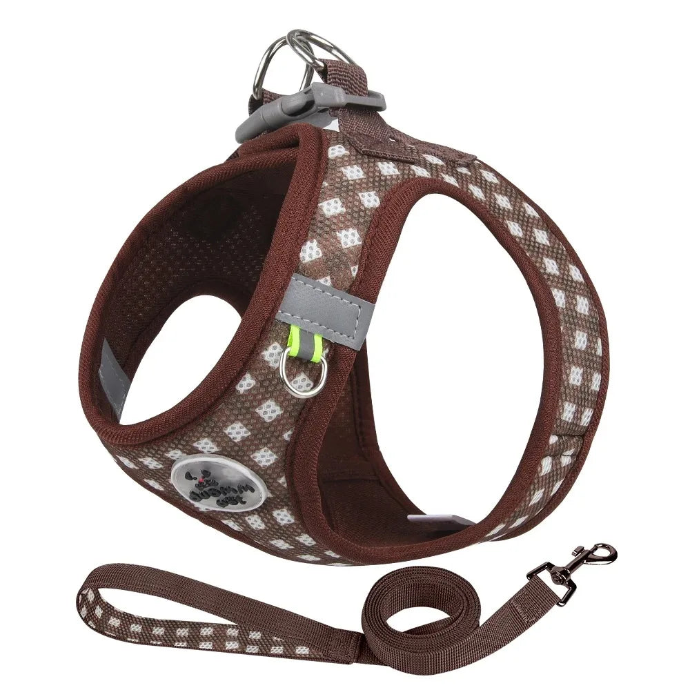 Imbracatura a pettorina in mesh a quadri per cani di piccola taglia con striscia riflettente Rosa Verde Giallo Blu Marrone