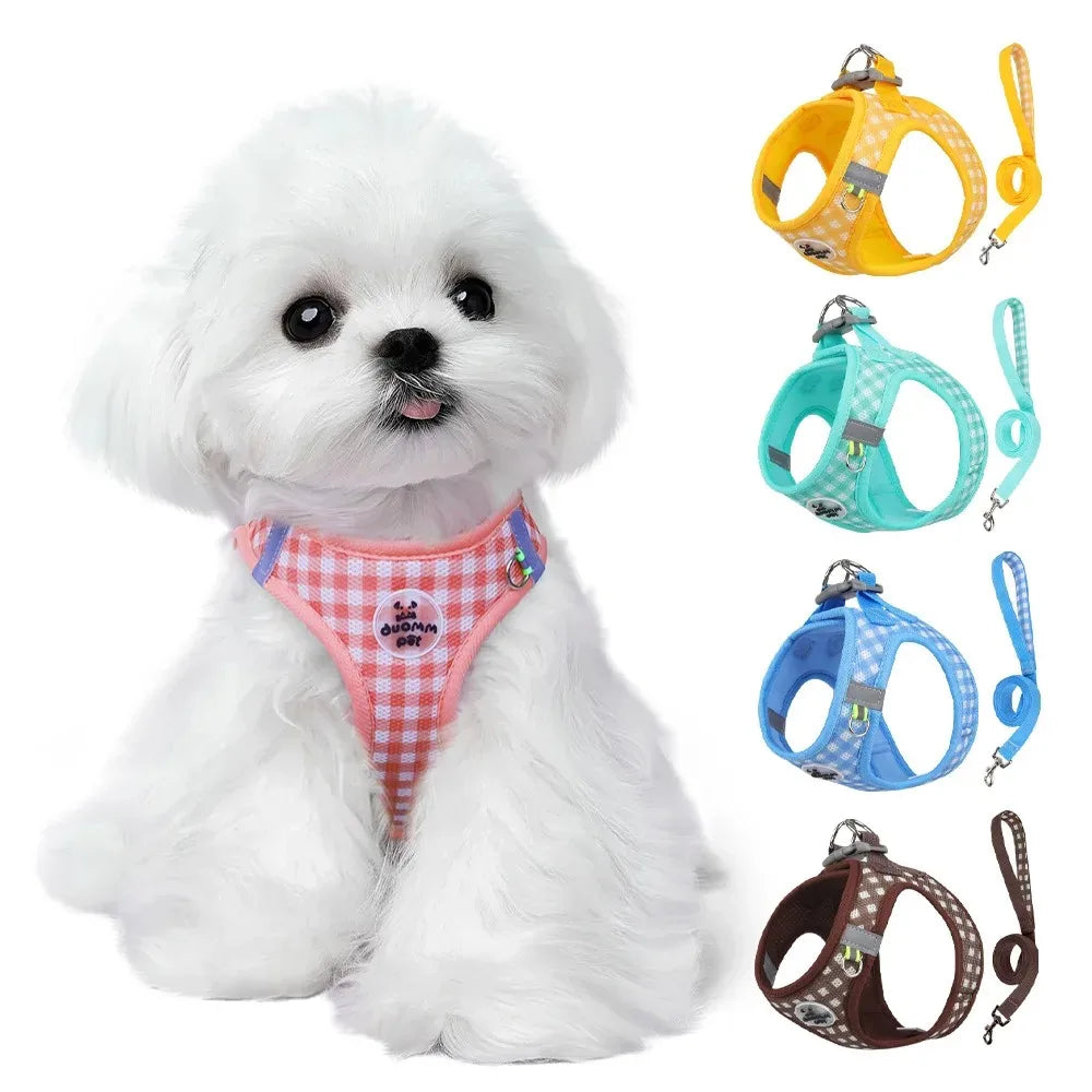 Imbracatura a pettorina in mesh a quadri per cani di piccola taglia con striscia riflettente Rosa Verde Giallo Blu Marrone