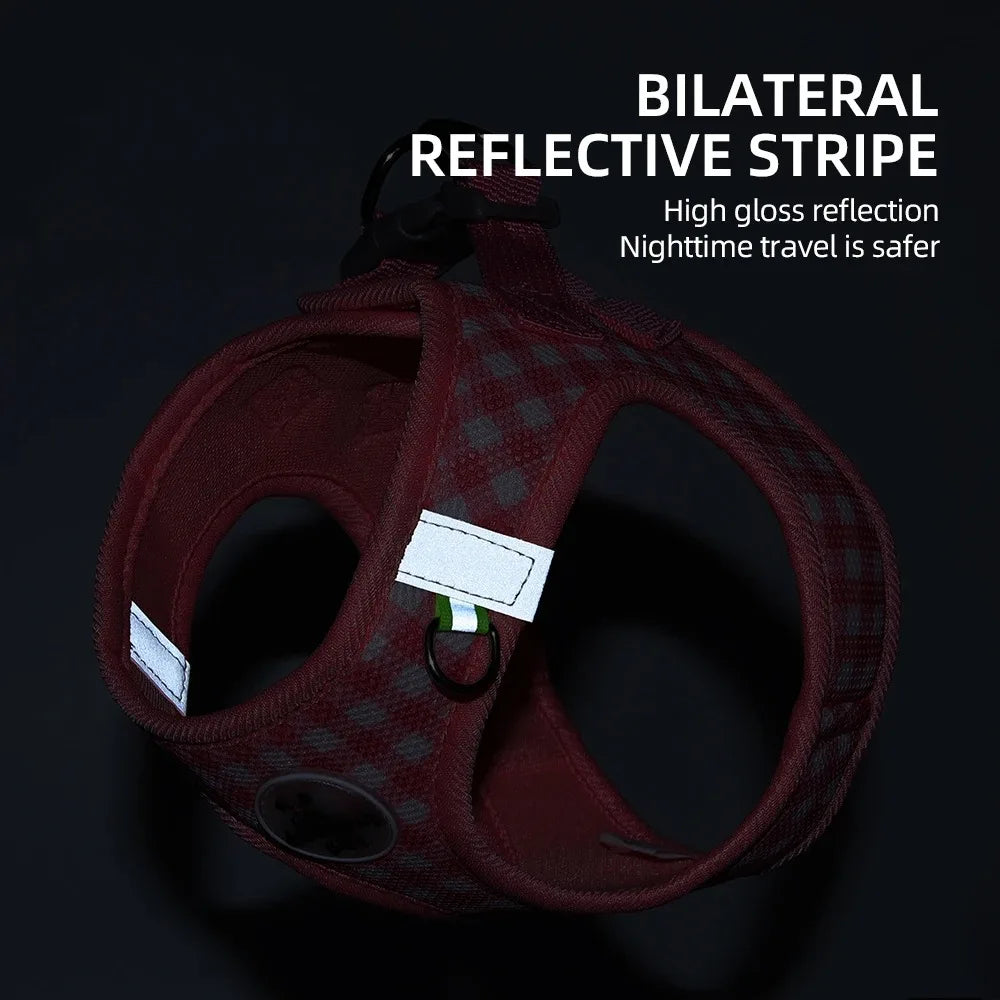 Imbracatura a pettorina in mesh a quadri per cani di piccola taglia con striscia riflettente Rosa Verde Giallo Blu Marrone