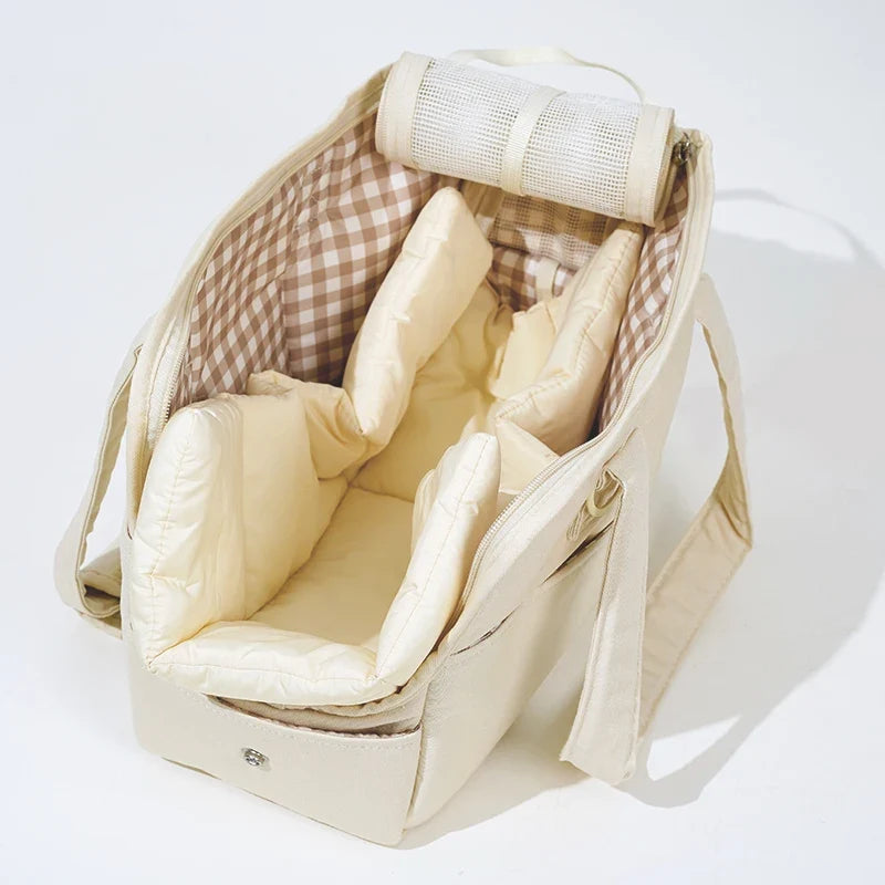 Borsa Trasportino per Animali in Flanella di Cotone Morbida con Imbottitura Traspirante Beige Grigio Khaki