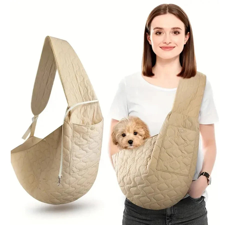 Mala a tiracolo acolchoada em algodão para transportar animais de estimação, com bolso com fecho, preta e branca-arroz