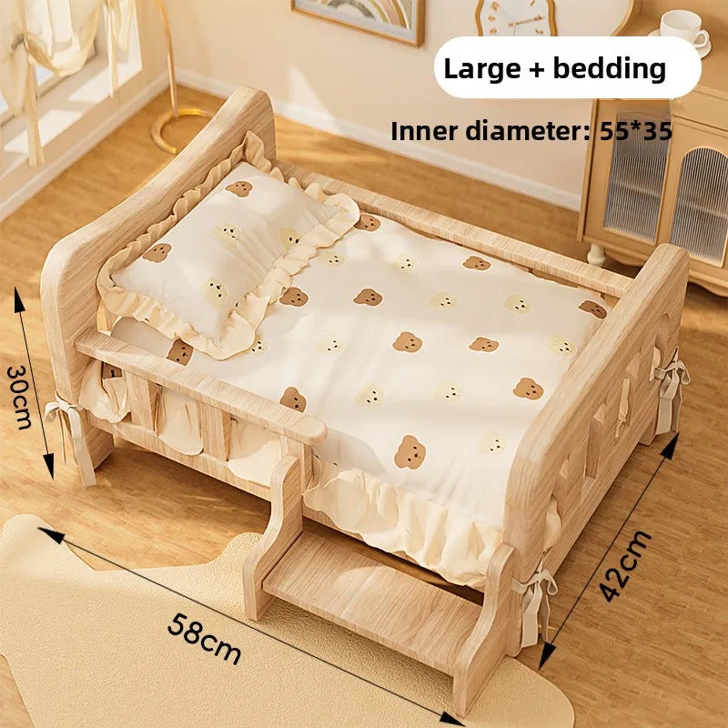 Letto rialzato per animali in legno massello con materassino, beige naturale